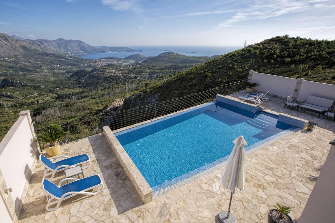 View from Luxury Apartment Goja over the private pool to the Dubrovnik Riviera